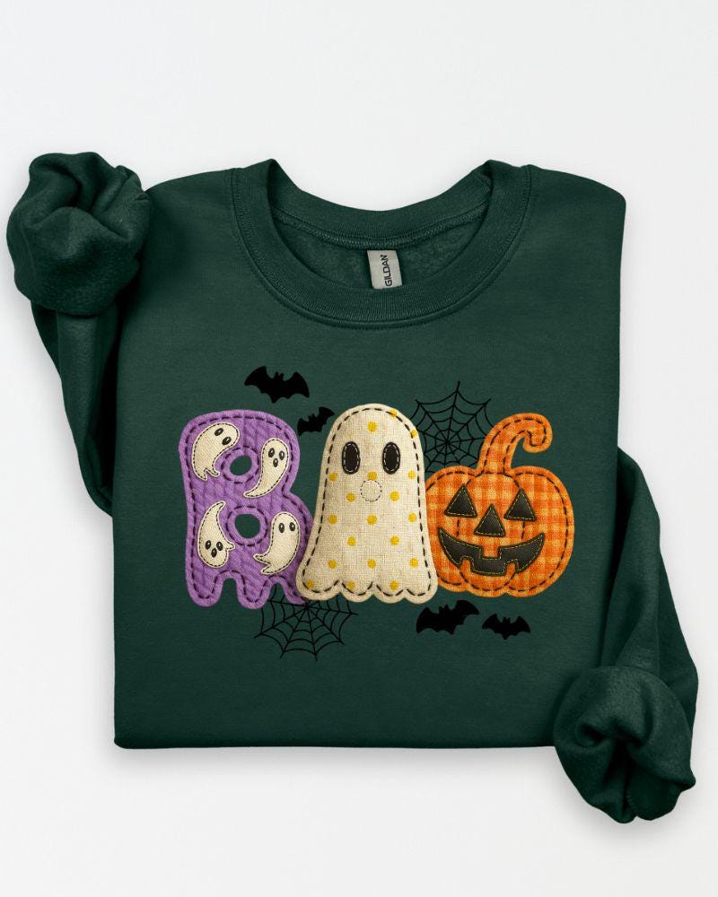 Cute Halloween Applique Style Boo Fall Sweater – Spooky Season Pullover for Women, Cozy Autumn Gift