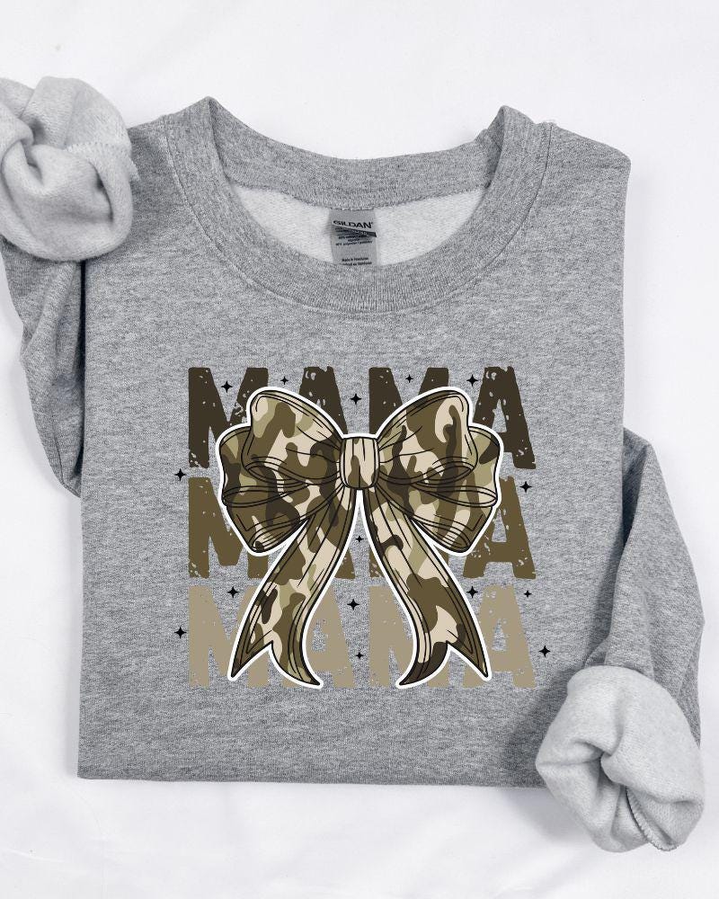 Camo MAMA Sweatshirt with Bow – Trendy Mom Crewneck, Cozy Fall Pullover