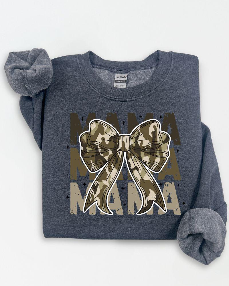 Camo MAMA Sweatshirt with Bow – Trendy Mom Crewneck, Cozy Fall Pullover