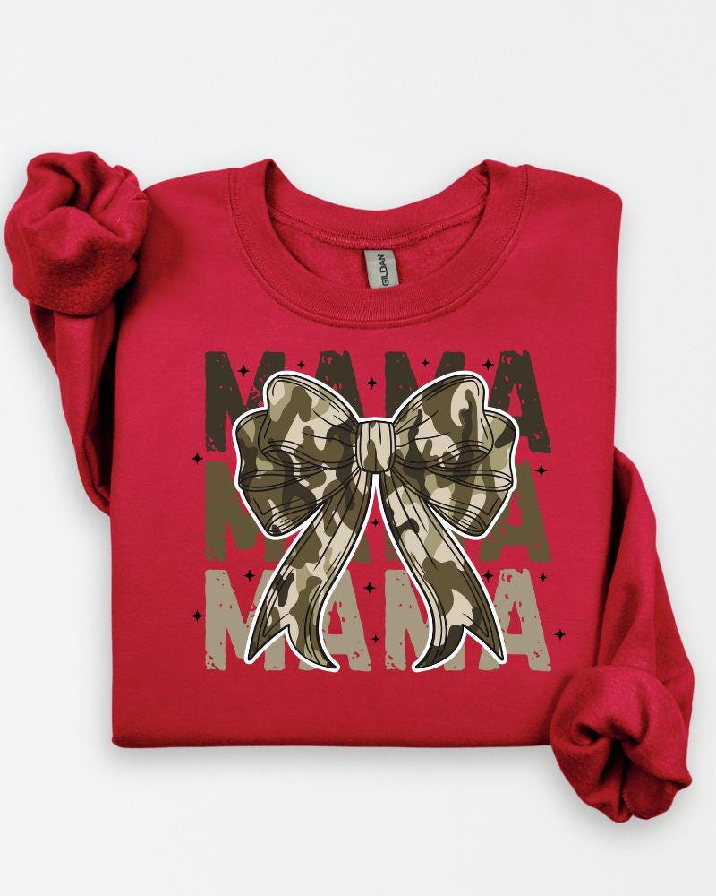 Camo MAMA Sweatshirt with Bow – Trendy Mom Crewneck, Cozy Fall Pullover