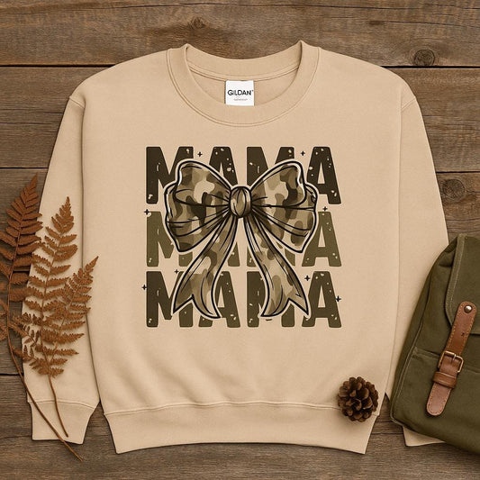 Camo MAMA Sweatshirt with Bow – Trendy Mom Crewneck, Cozy Fall Pullover