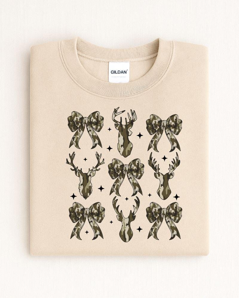 Camo Deer and Bow Sweatshirt – Cozy Crewneck for Hunters, Outdoor Moms, Fall and Winter Country Outfit