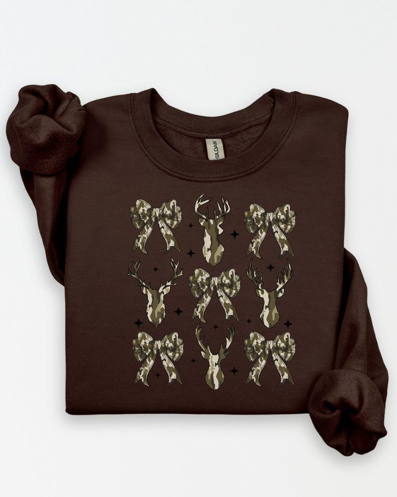 Camo Deer and Bow Sweatshirt – Cozy Crewneck for Hunters, Outdoor Moms, Fall and Winter Country Outfit