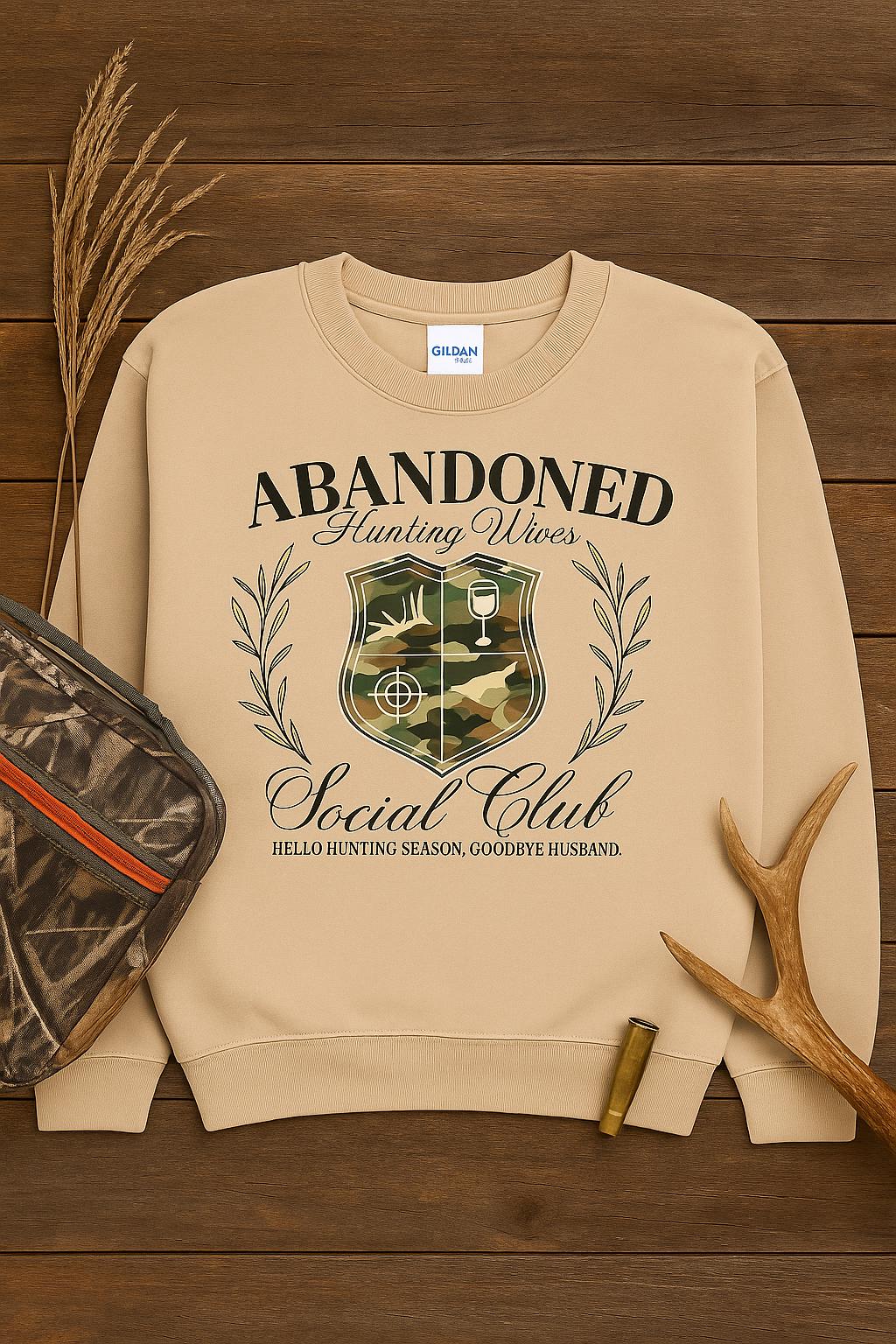 Abandoned Hunting Wives Sweatshirt – Funny Camo Fall Crewneck, Cozy Outdoor Wife Shirt, Hunting Season Gift for Her