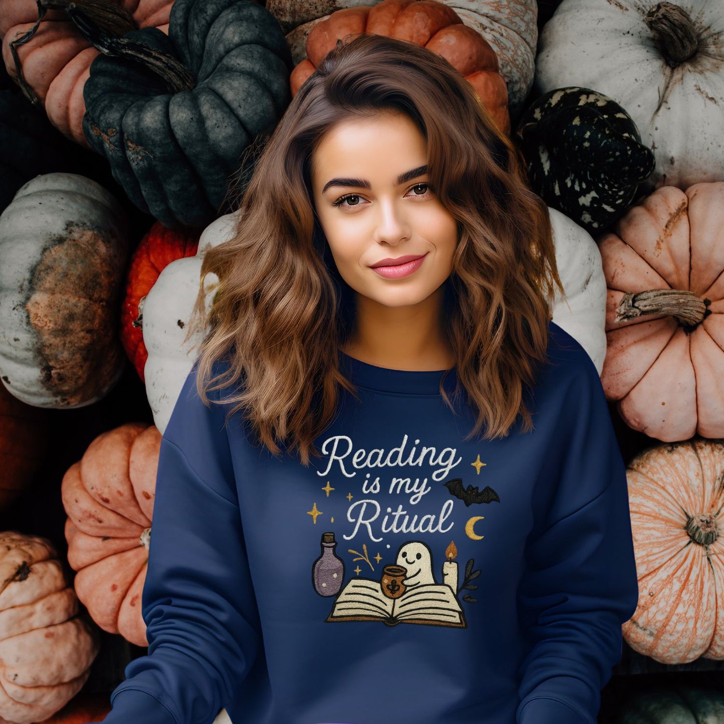 Reading Is My Ritual Ghost Embroidered Sweatshirt – Cozy Bookish Halloween Crewneck for Readers, Spooky Fall Book Lover Gift