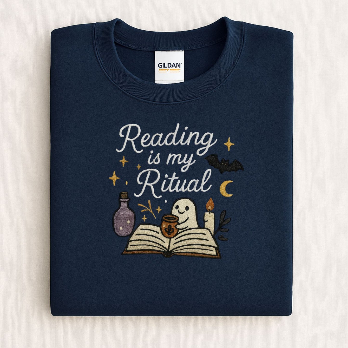 Reading Is My Ritual Ghost Embroidered Sweatshirt – Cozy Bookish Halloween Crewneck for Readers, Spooky Fall Book Lover Gift