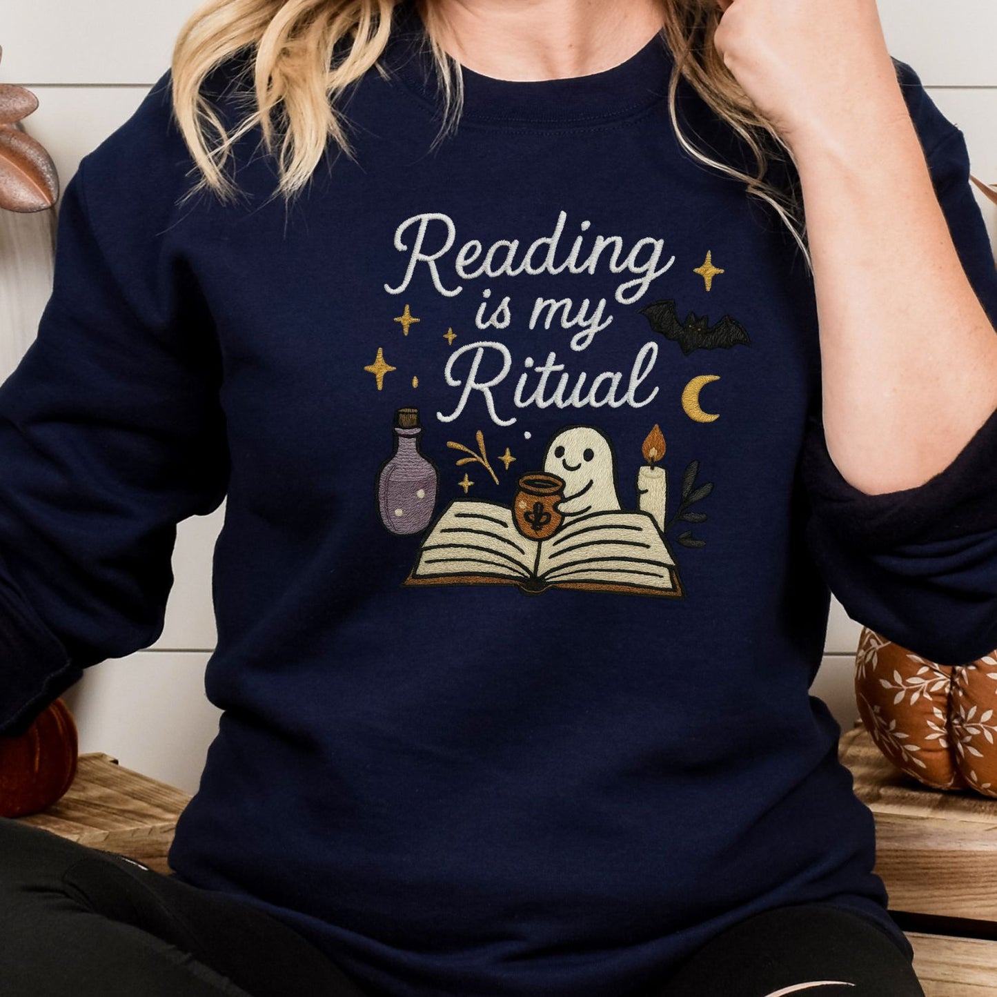 Reading Is My Ritual Ghost Embroidered Sweatshirt – Cozy Bookish Halloween Crewneck for Readers, Spooky Fall Book Lover Gift