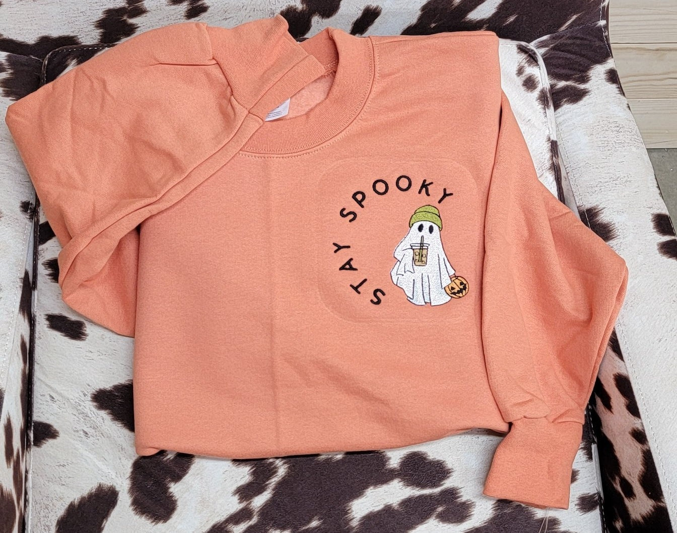 Stay Spooky Halloween Embroidery Crewneck, Spooky Ghost Halloween Sweatshirt, Gift For Mom Or Girlfriend